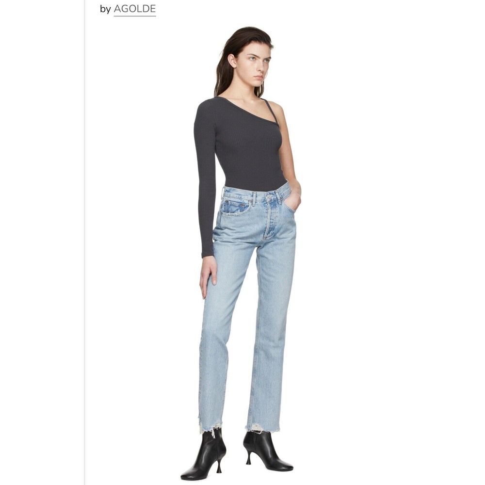 NWT AGOLDE M One Sleeve Asymmetric Ribbed Thong Bodysuit In Gray NWT Retails 238